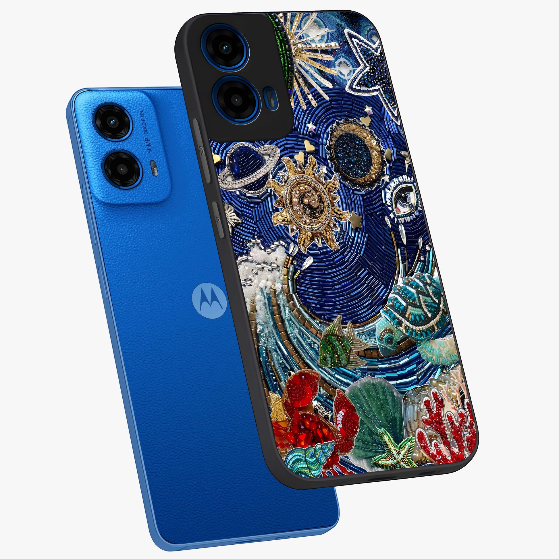 Universe Underwater Spark Glass Case displayed in angled mockup highlighting glowing aquatic design with celestial aesthetic.