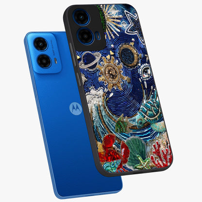 Universe Underwater Spark Glass Case displayed in angled mockup highlighting glowing aquatic design with celestial aesthetic.