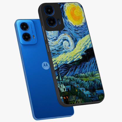 Van Gogh Art Glass Case displayed in angled mockup highlighting swirling brushstroke design with artistic aesthetic.