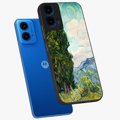 Van Gogh Vintage Art Glass Case displayed in angled mockup highlighting textured brushstroke design with classic aesthetic.
