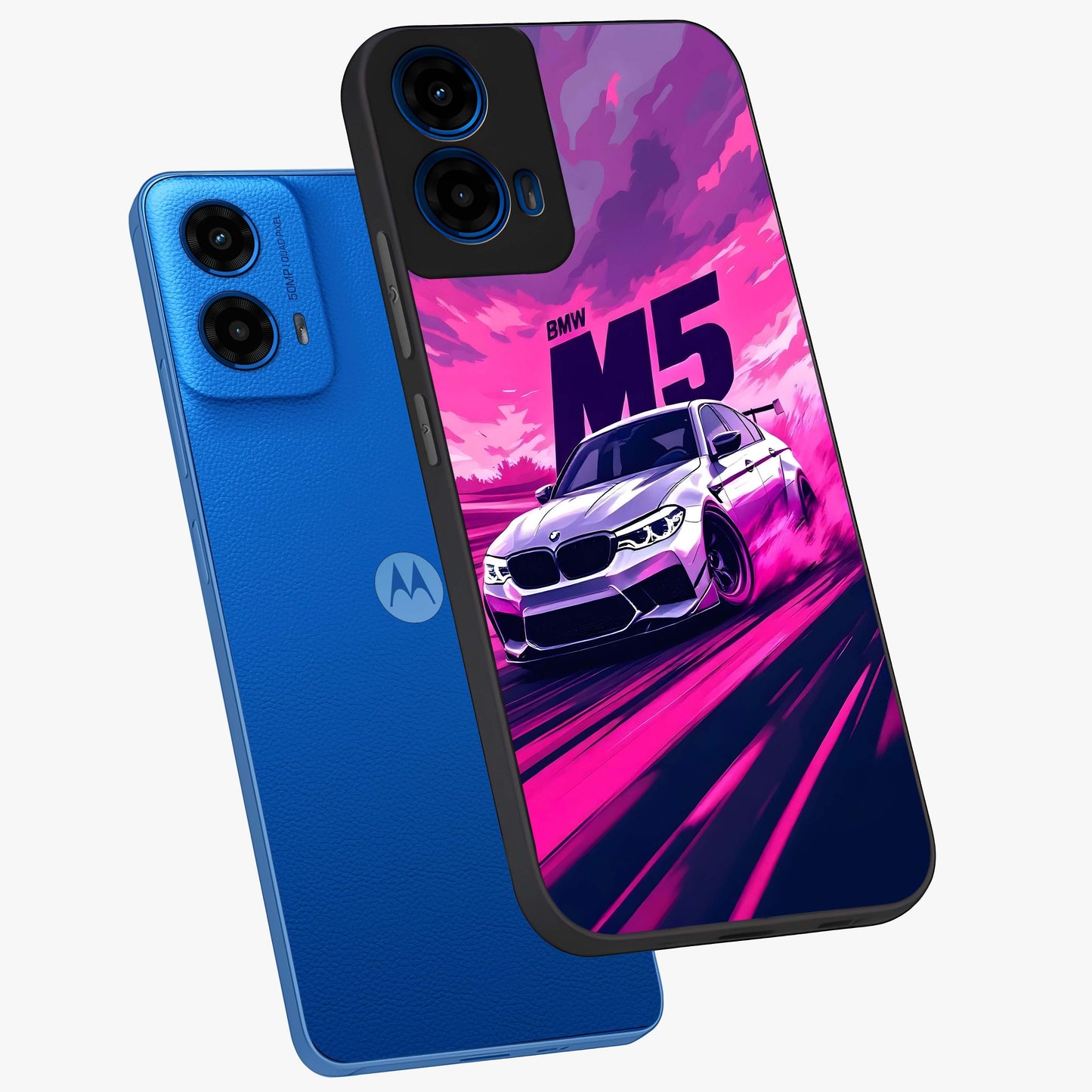 Velocity Drift Pulse Glass Case displayed in angled mockup highlighting dynamic drift design with sporty automotive aesthetic.