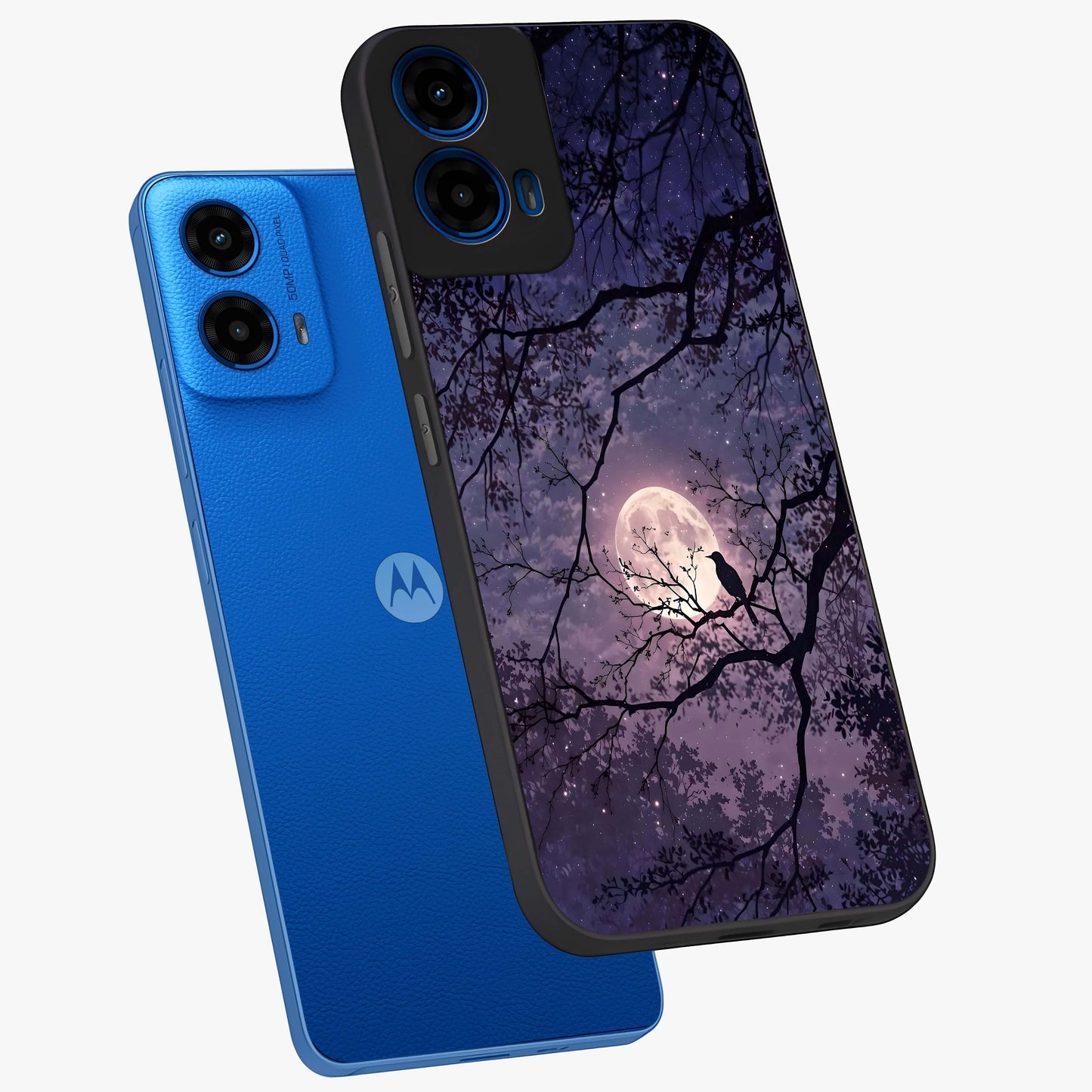 Whispering Moon Silence Glass Case displayed in angled mockup highlighting calm lunar design with dreamy night aesthetic.