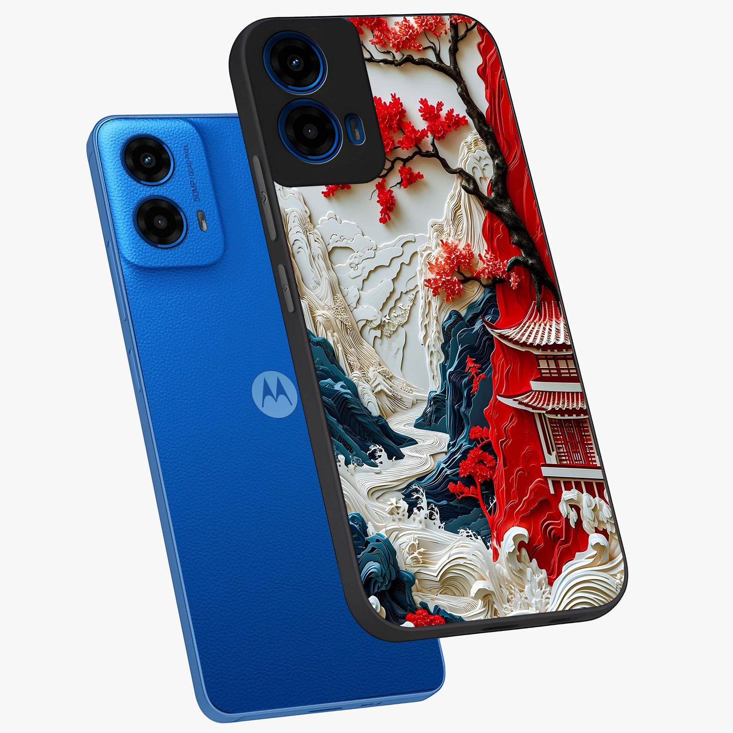 Whispers Of Sakura Waves Glass Case displayed in angled mockup highlighting flowing sakura design with soft floral aesthetic.