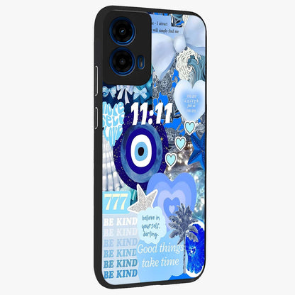 Aesthetic Be Kind Eye Glass Case upright view showcasing stylish eye illustration with positive message theme.