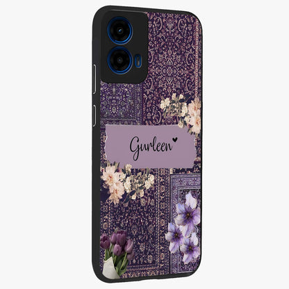 Antique Floral Whisper Custom Name Glass Case upright view showcasing delicate floral artwork with custom name feature.