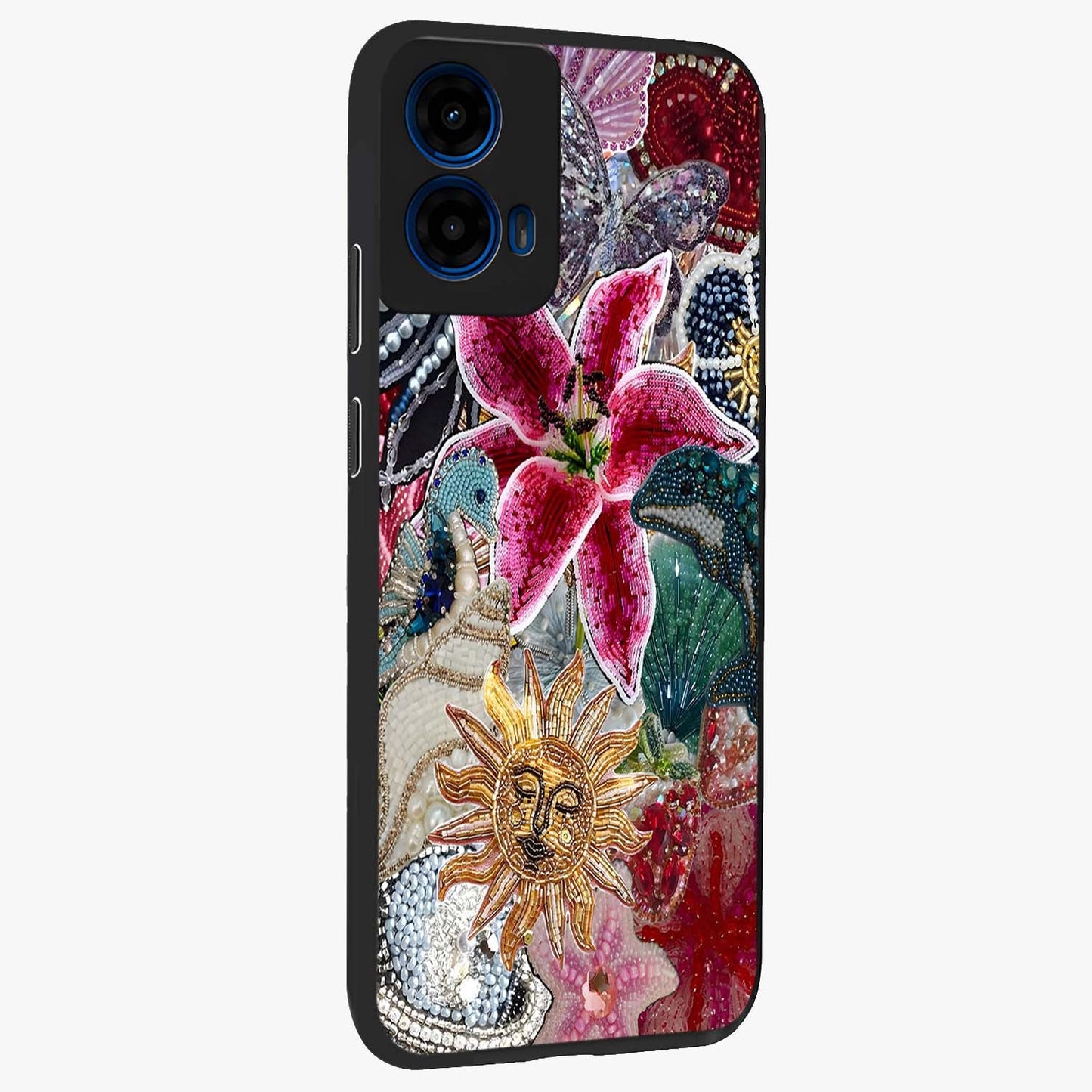 Beaded Garden Fantasy Glass Case upright view showcasing whimsical garden aesthetic with artistic bead details.