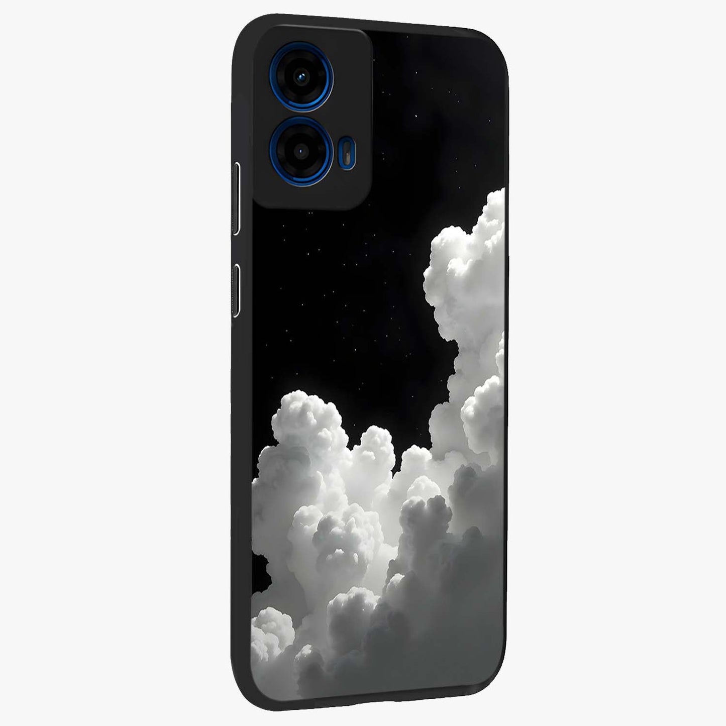 Black Background With White Cloud Glass Case upright view showcasing calm cloud aesthetic with modern minimal style.