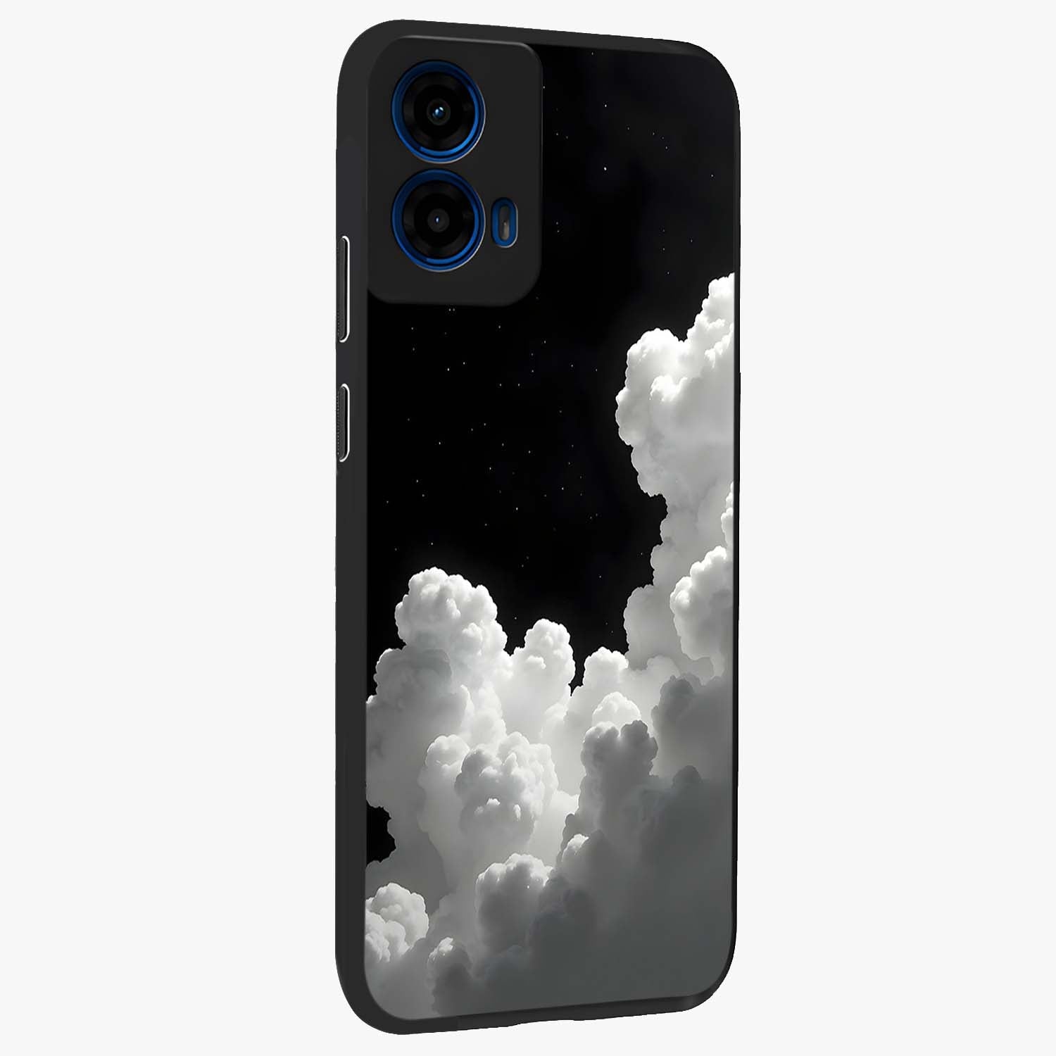 Black Background With White Cloud Glass Case upright view showcasing calm cloud aesthetic with modern minimal style.