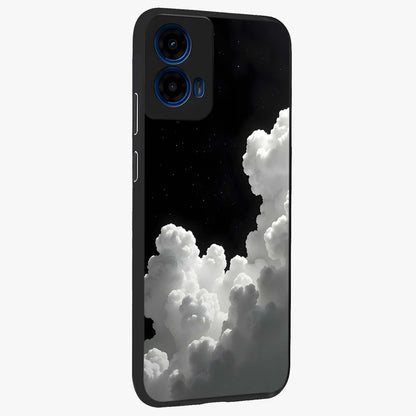 Black Background With White Cloud Glass Case upright view showcasing calm cloud aesthetic with modern minimal style.