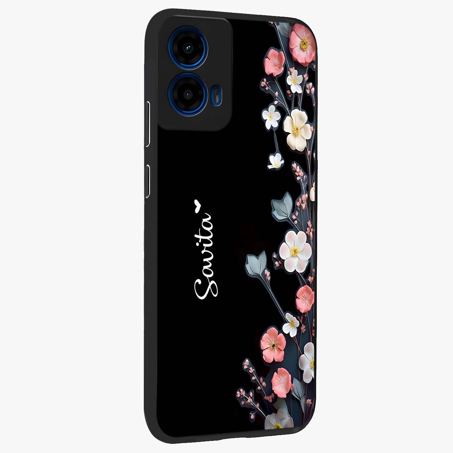Black Elegance Floral Custom Name Glass Case upright view showcasing luxurious black floral design with personalized name detail.