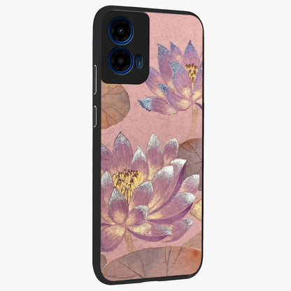 Blossom Mist Lotus Glass Case upright view showcasing graceful lotus flower design with peaceful botanical style.