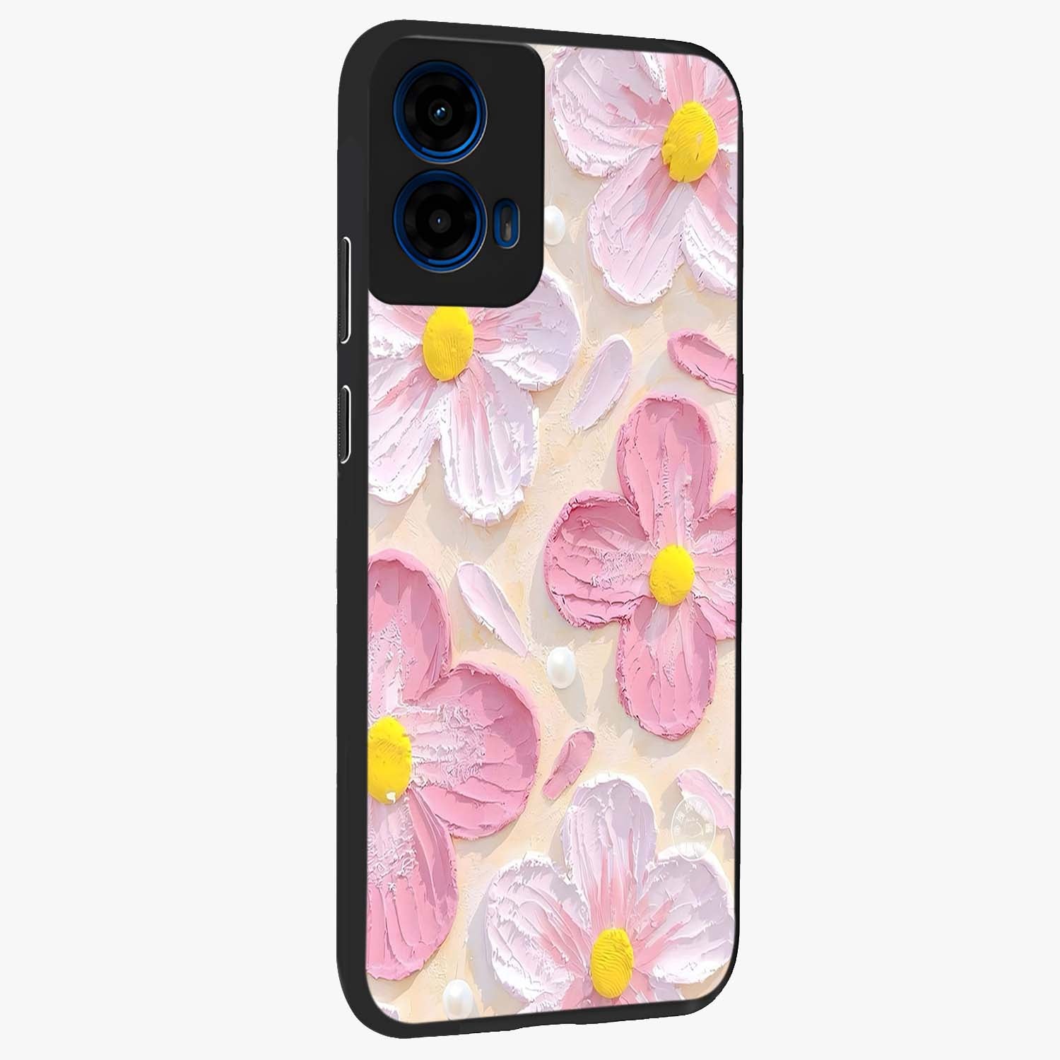 Blush Bloom Texture Glass Case upright view showcasing delicate blush floral texture with modern minimal style.
