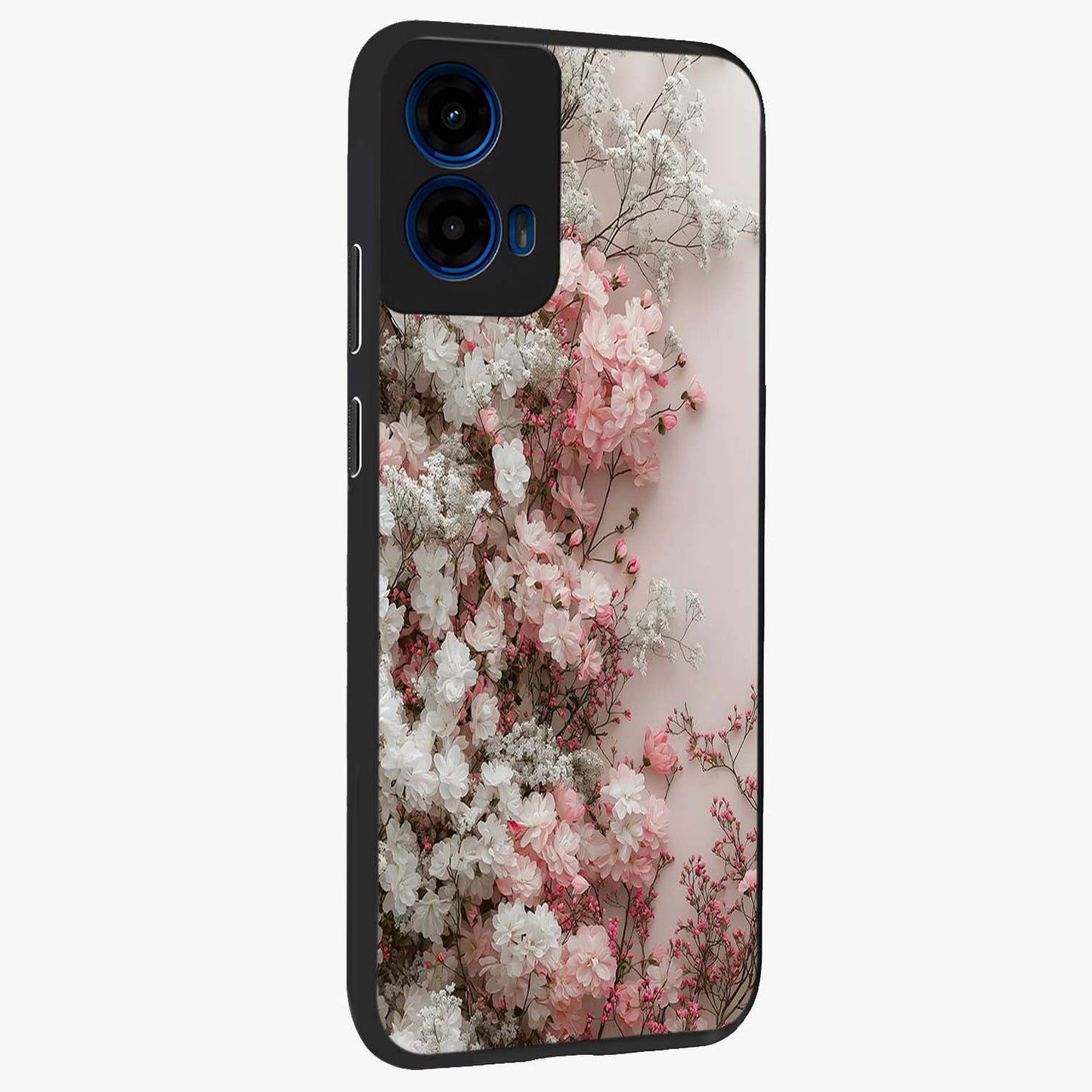 Blush Blossom Cloud Glass Case upright view showcasing calm floral cloud artwork with gentle dreamy theme.