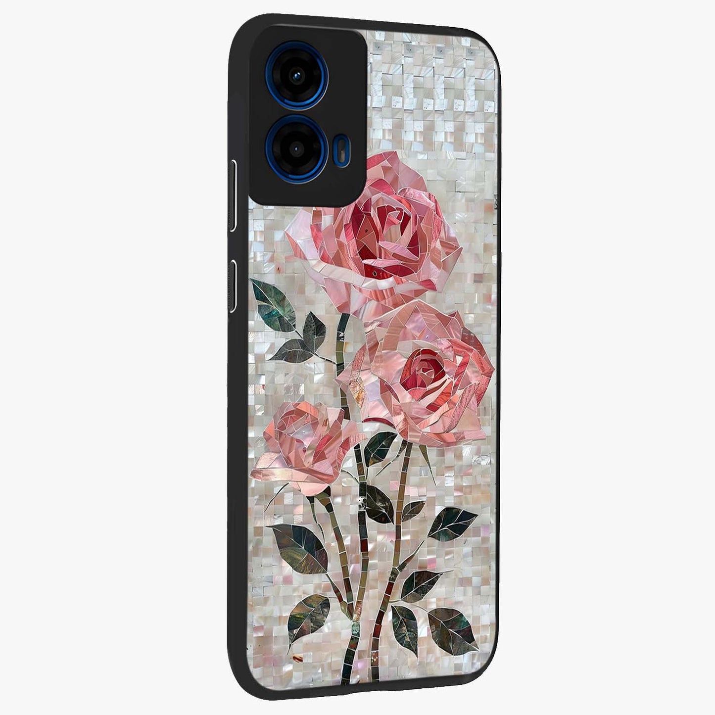 Blush Mosaic Bloom Glass Case upright view showcasing decorative floral mosaic artwork with stylish modern aesthetic.