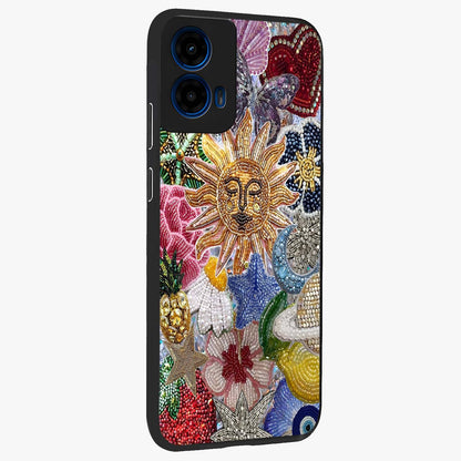 Celestial Floral and Playful Glass Case upright view showcasing whimsical floral artwork with cosmic aesthetic theme.