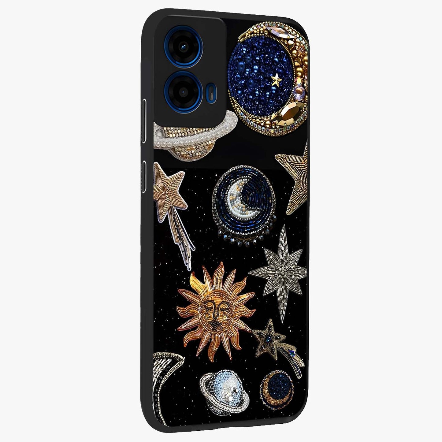 Celestial Gem Constellations Glass Case upright view showcasing cosmic constellation artwork with celestial aesthetic style.