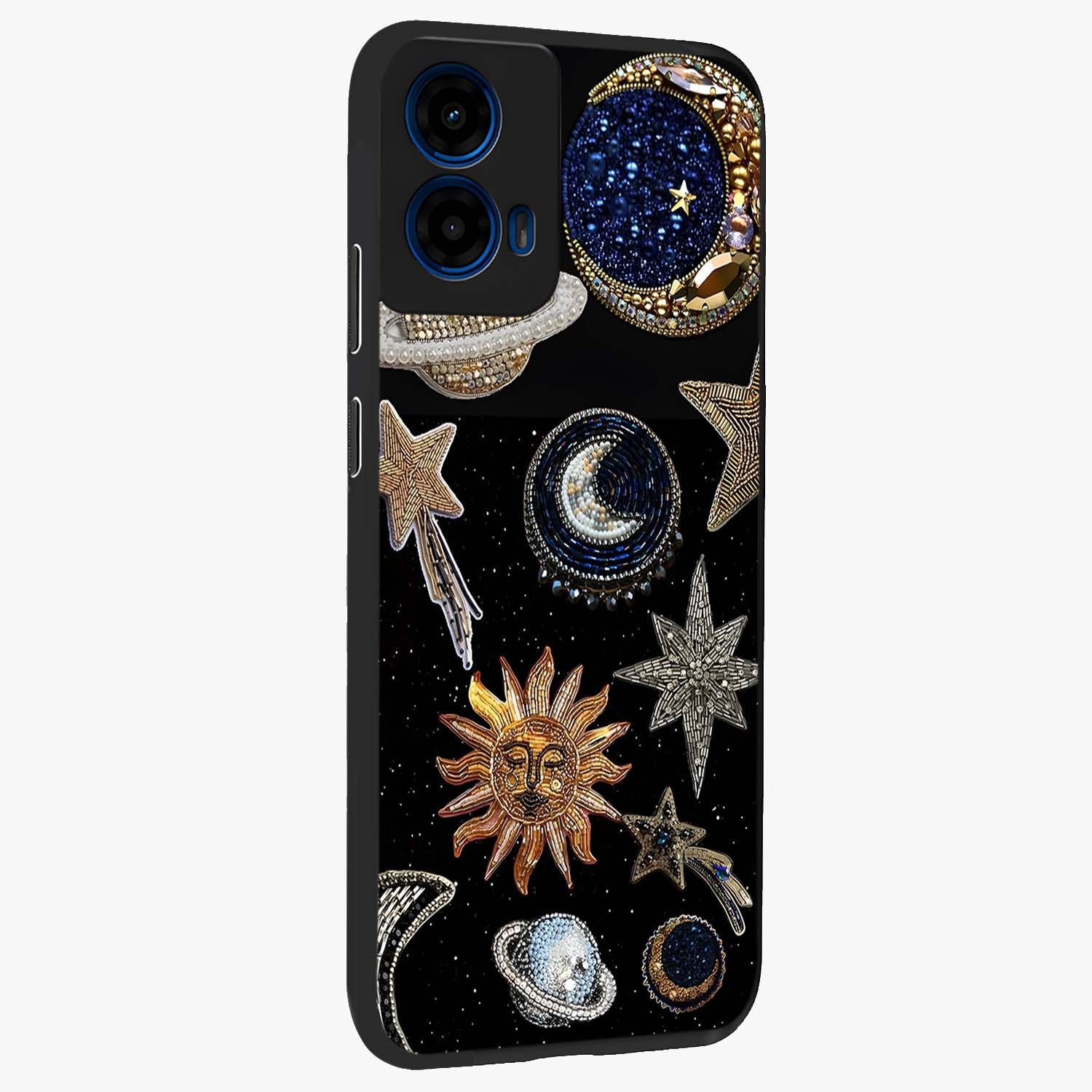 Celestial Gem Constellations Glass Case upright view showcasing cosmic constellation artwork with celestial aesthetic style.