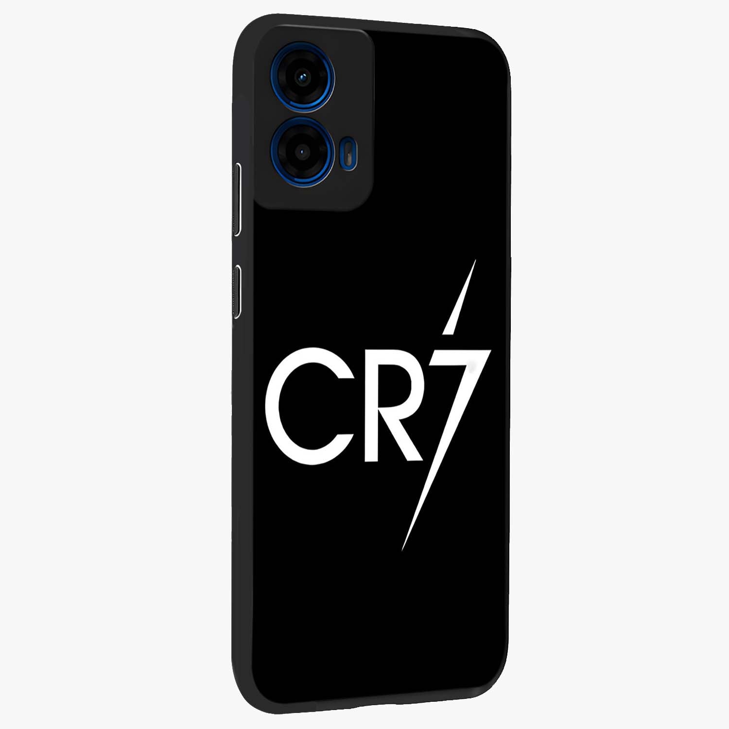Cr7 Elite Strike Glass Case upright view showcasing energetic football inspired design with modern sports aesthetic.