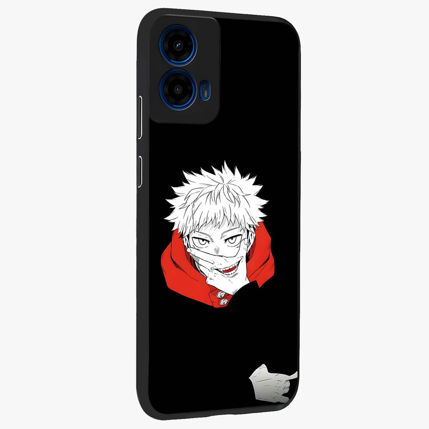 Crimson Chaos Smile Glass Case upright view showcasing expressive chaotic artwork with striking visual theme.