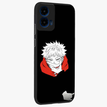 Crimson Chaos Smile Glass Case upright view showcasing expressive chaotic artwork with striking visual theme.