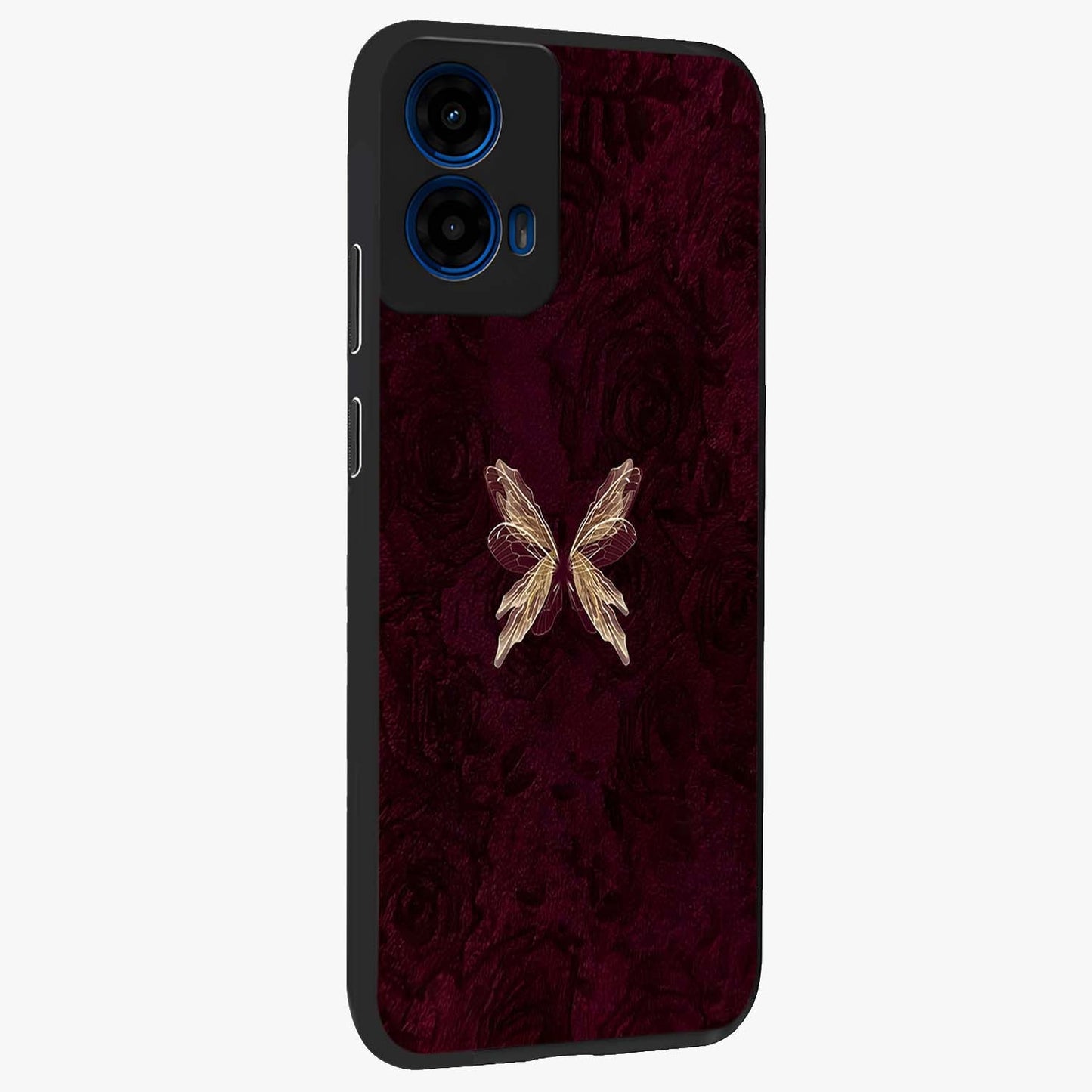 Crimson Fade Butterfly Glass Case upright view showcasing graceful butterfly artwork with soft crimson fade effect.