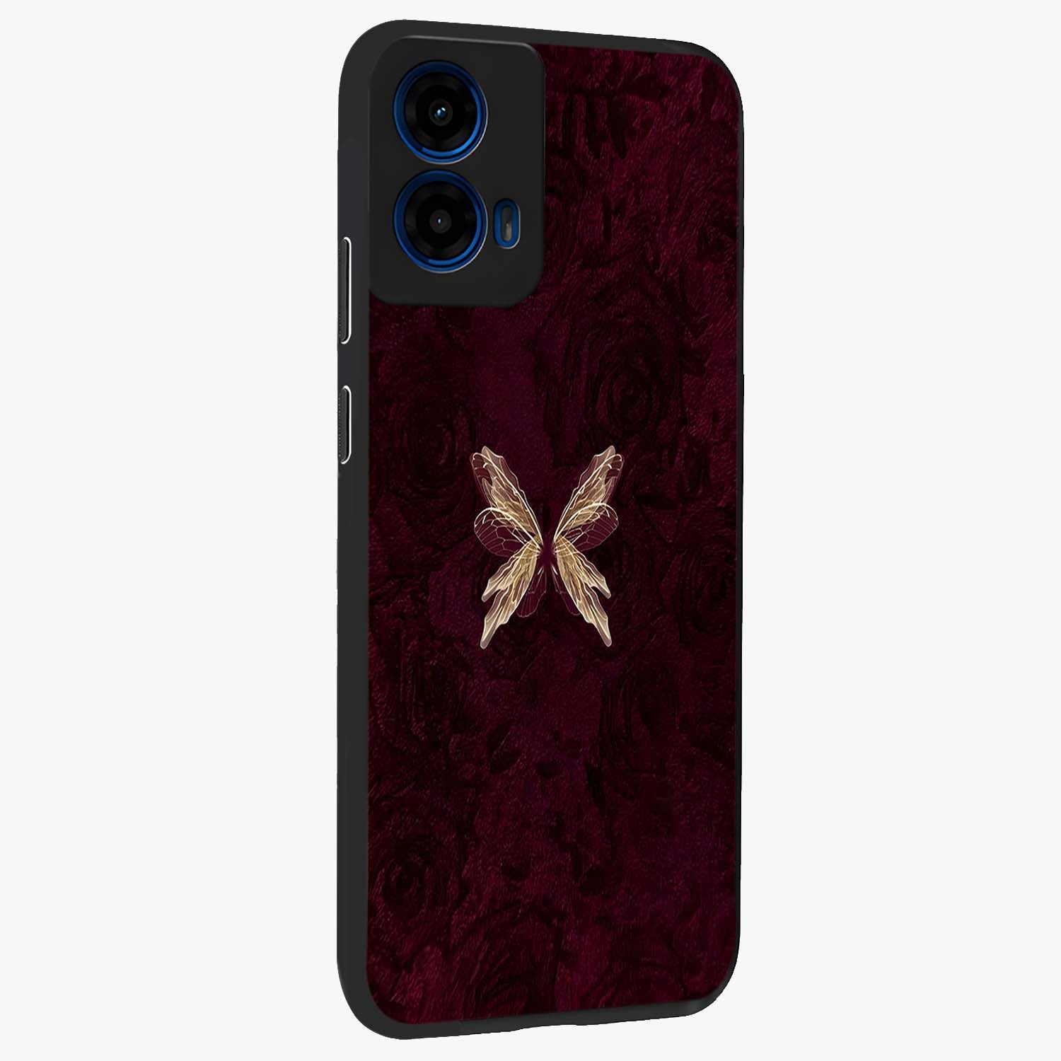 Crimson Fade Butterfly Glass Case upright view showcasing graceful butterfly artwork with soft crimson fade effect.