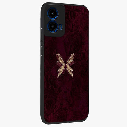 Crimson Fade Butterfly Glass Case upright view showcasing graceful butterfly artwork with soft crimson fade effect.