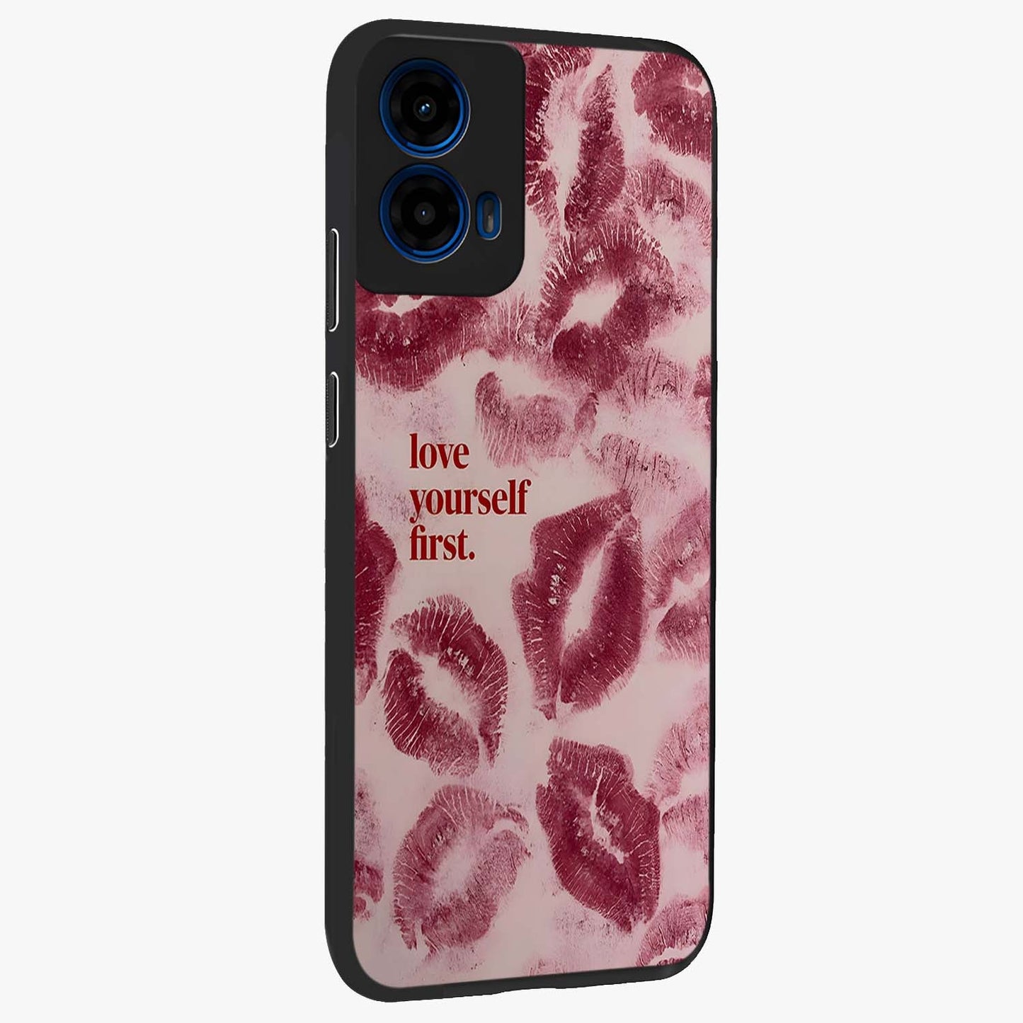 Crimson Kiss Love Glass Case upright view showcasing expressive romantic artwork with deep crimson theme.