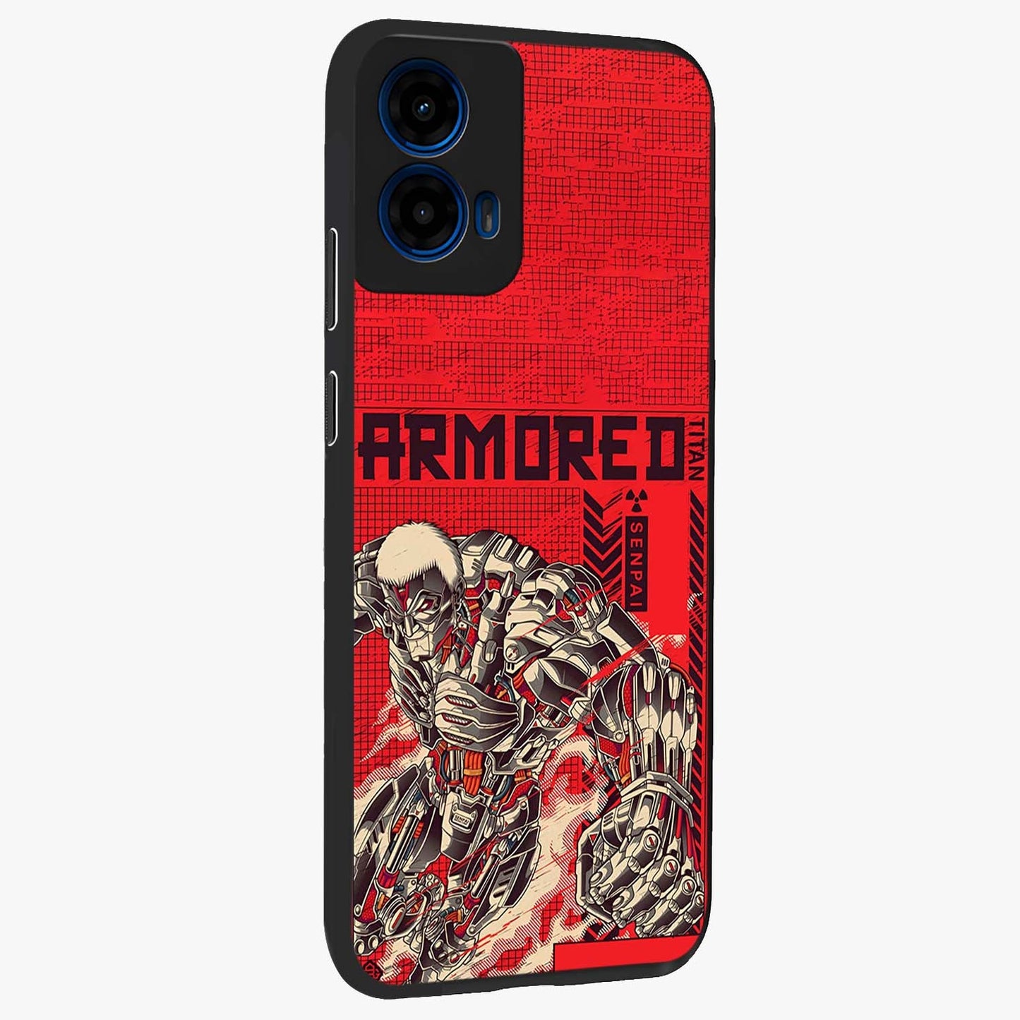 Crimson Mecha Titan Glass Case upright view showcasing dynamic robotic titan design with sci-fi inspired theme.
