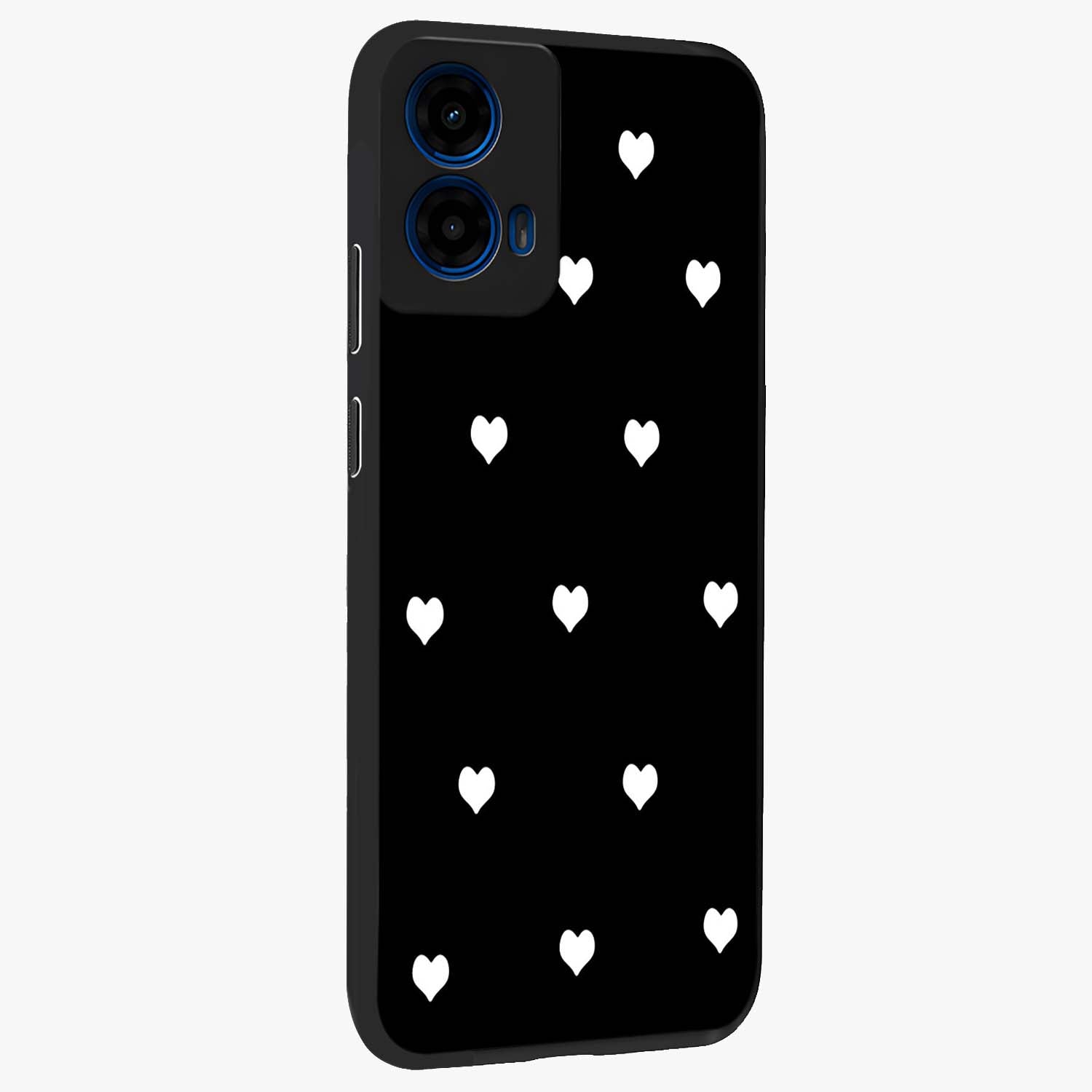 Cute And Simple White Hearts Glass Case upright view showcasing simple white hearts artwork with soft minimal theme.