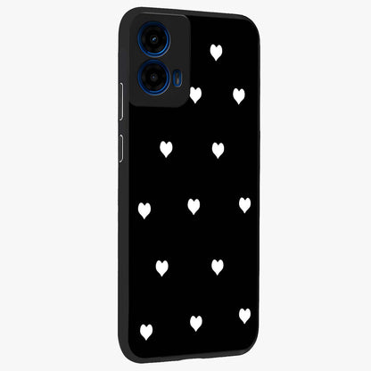 Cute And Simple White Hearts Glass Case upright view showcasing simple white hearts artwork with soft minimal theme.