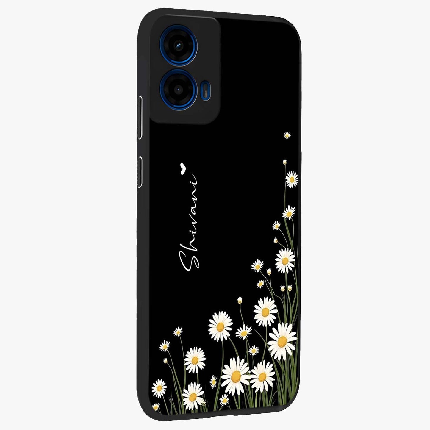 Daisy Cascade Custom Name Glass Case upright view showcasing elegant floral cascade design with personalized aesthetic.