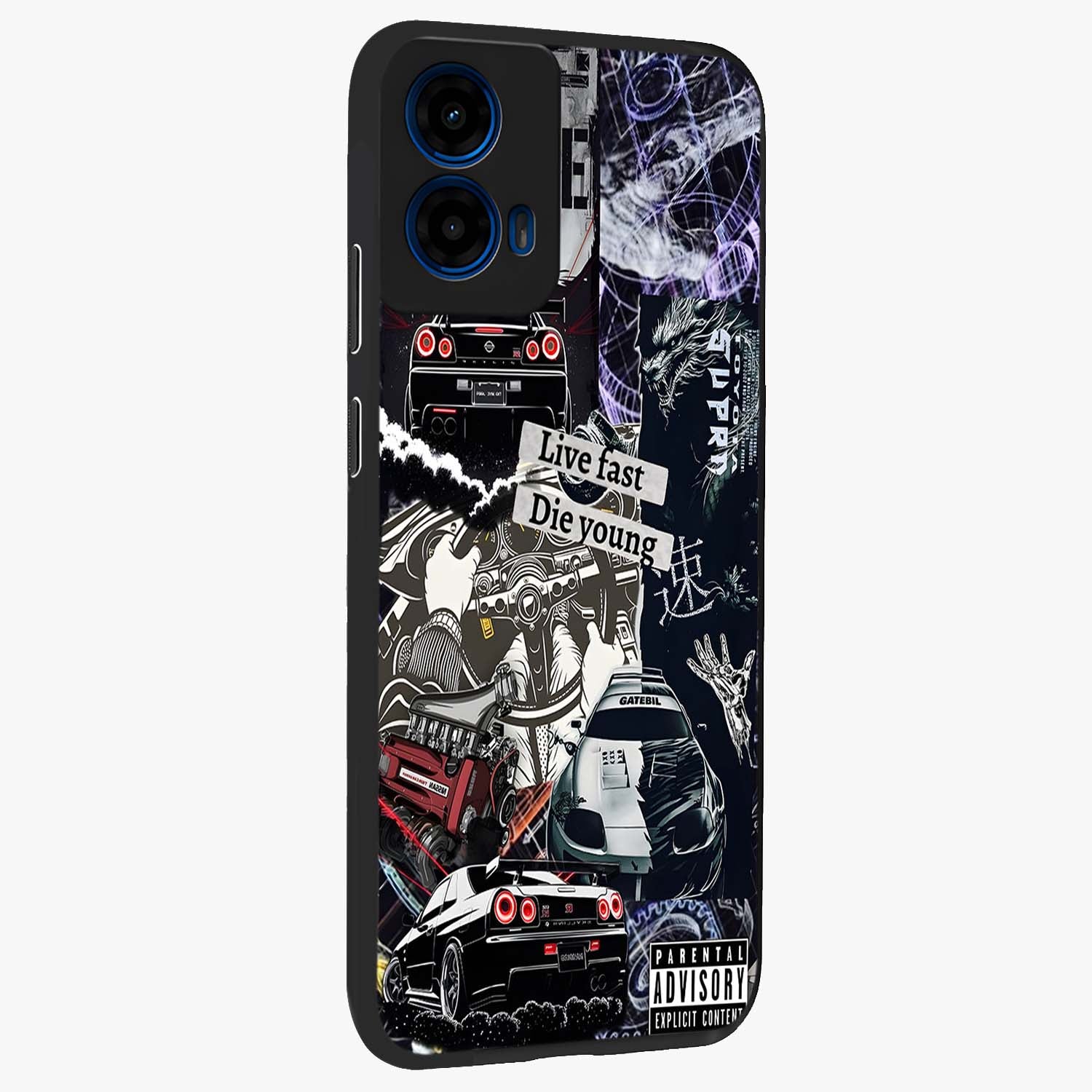 Die Young Glass Case upright view showcasing striking typography artwork with modern statement theme.