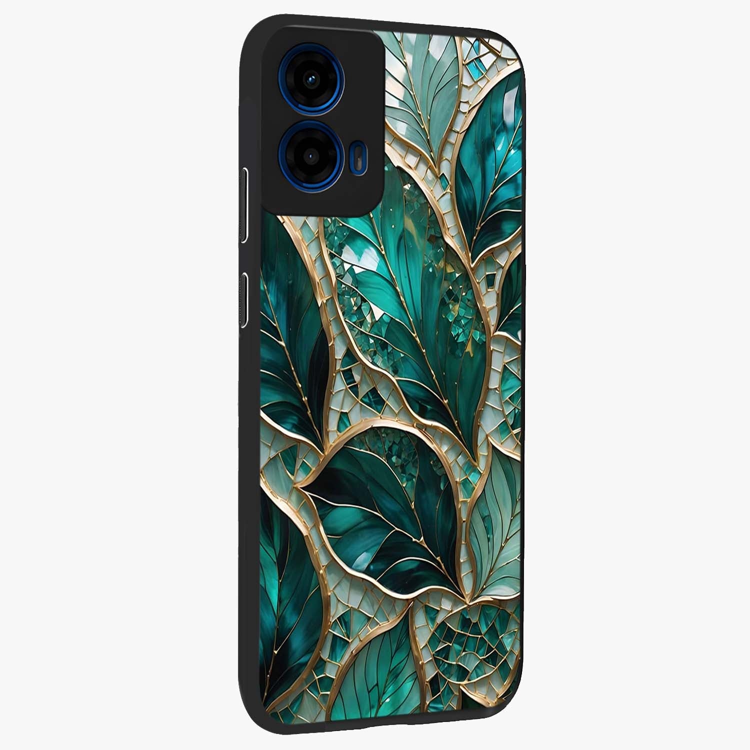 Emerald Leaf Glass Glass Case upright view showcasing fresh green leaf artwork with calming nature inspired style.