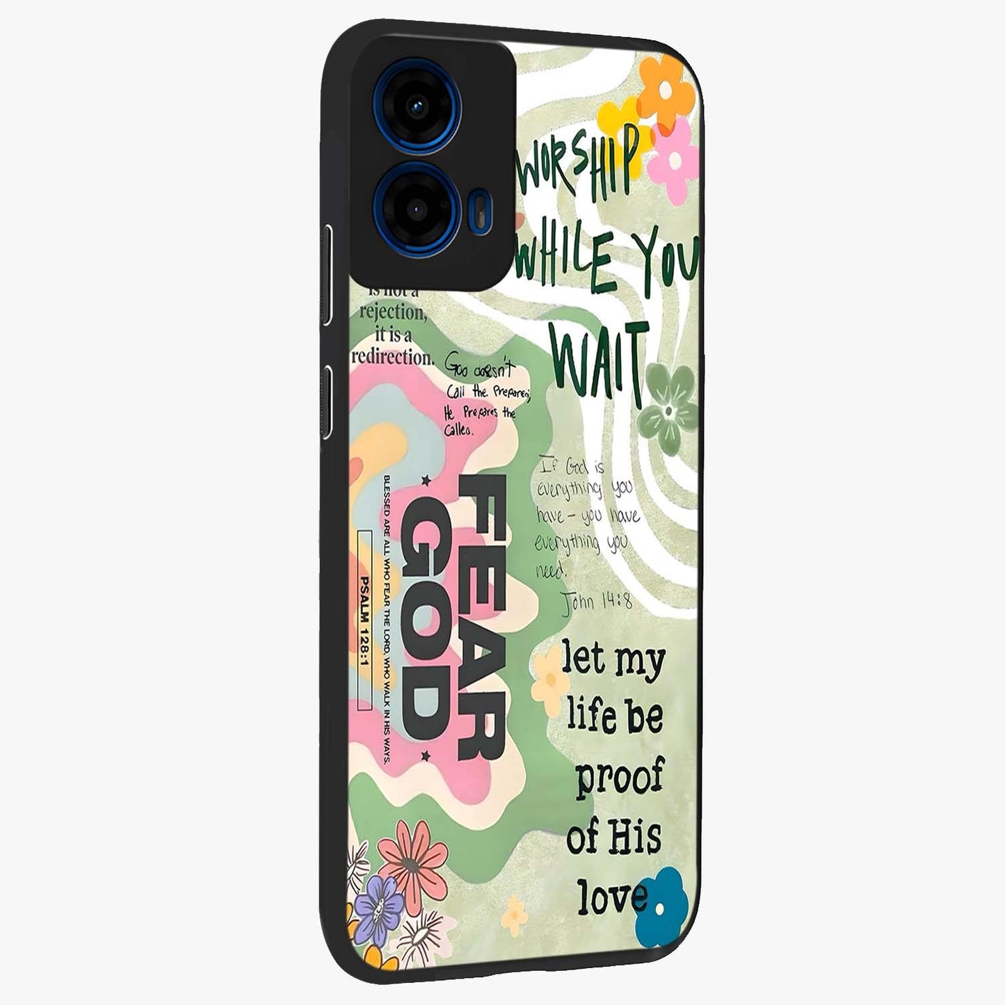 Faith Over Fear Glass Case upright view showcasing bold typography artwork with uplifting motivational theme.