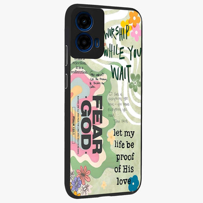 Faith Over Fear Glass Case upright view showcasing bold typography artwork with uplifting motivational theme.