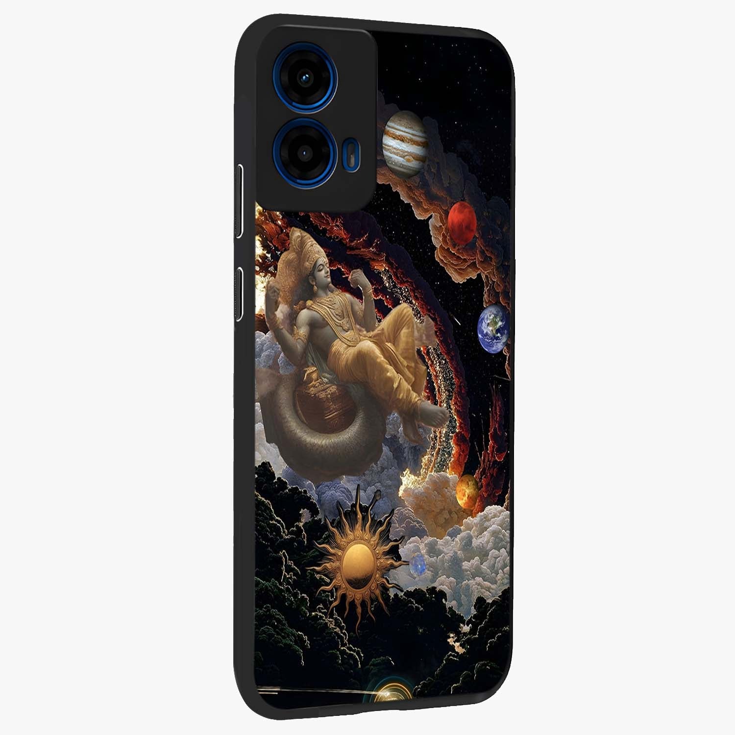 Galactic Divine God Glass Case upright view showcasing mystical divine artwork with dramatic cosmic theme.