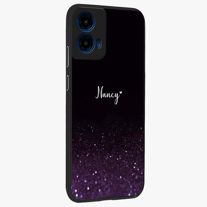 Glittery Purple Bokeh Custom Name Glass Case upright view showcasing vibrant purple sparkle artwork with personalized aesthetic style.