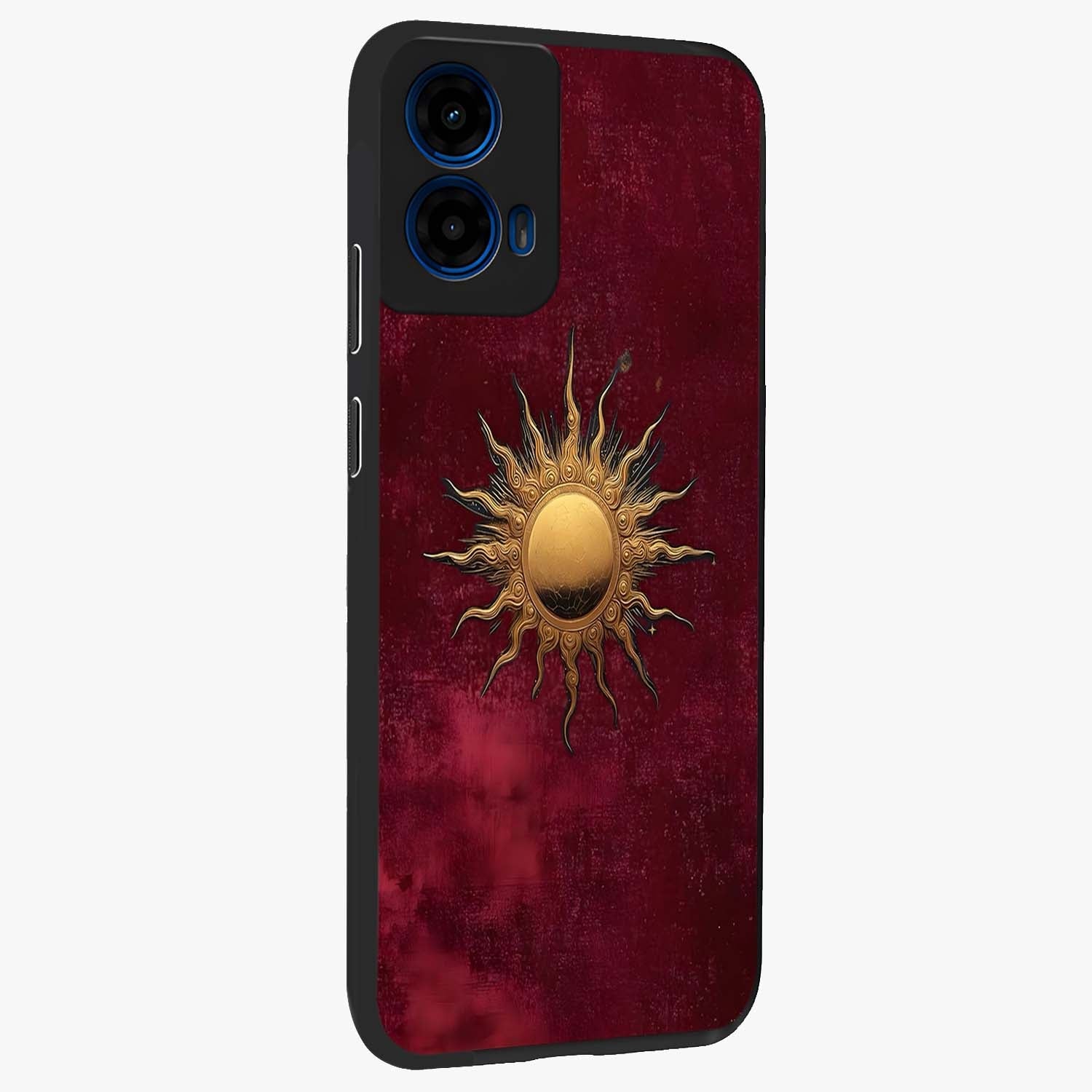 Golden Sun Minimalism Glass Case upright view showcasing simple golden sun artwork with elegant minimalist style.