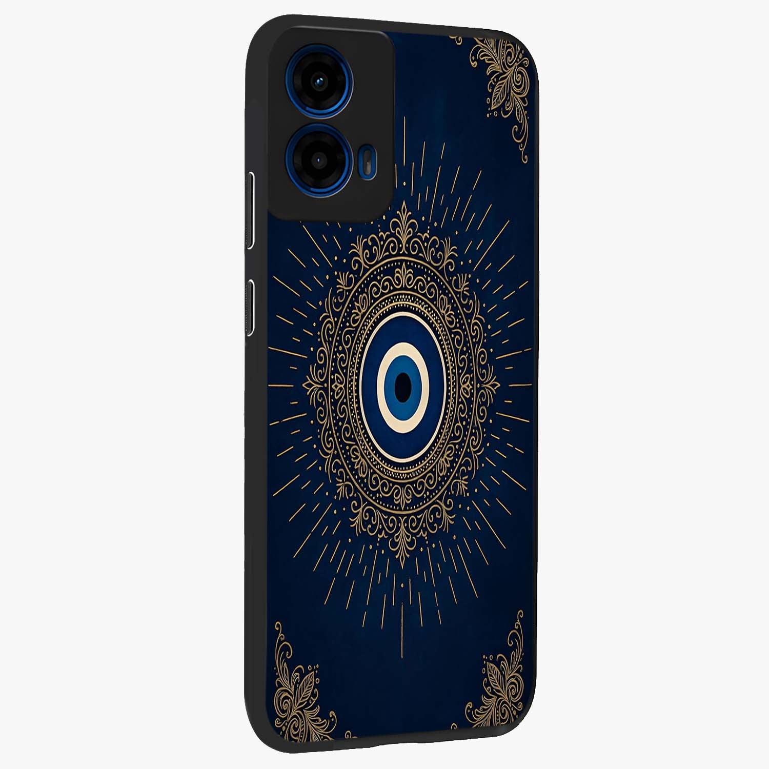 Golden Celestial Charm Glass Case upright view showcasing radiant celestial artwork with elegant golden theme.