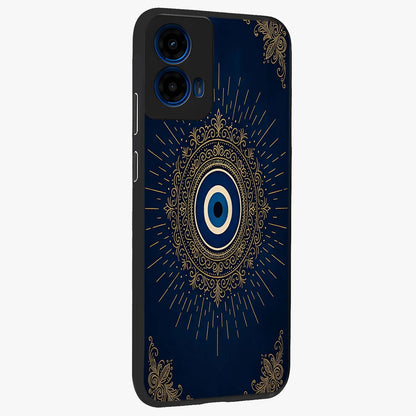 Golden Celestial Charm Glass Case upright view showcasing radiant celestial artwork with elegant golden theme.