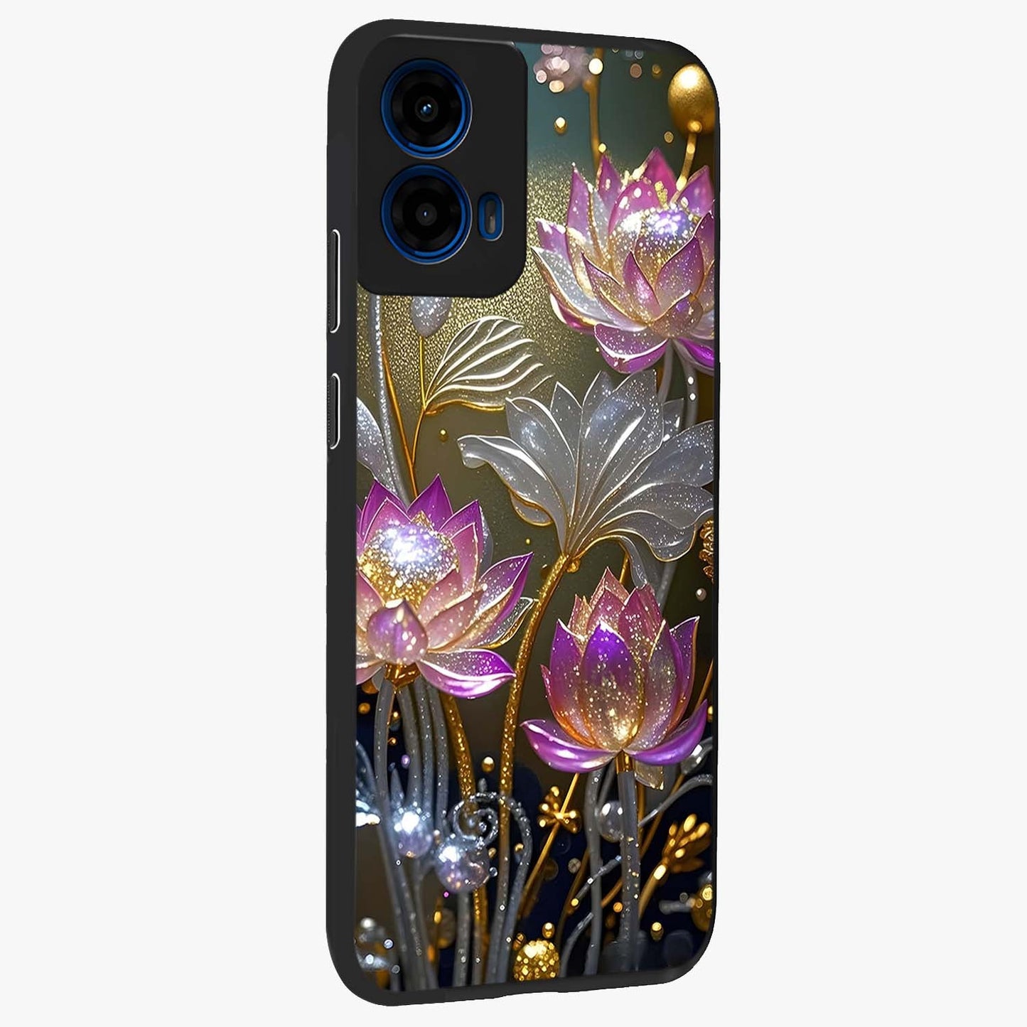 Golden Floral Majesty Glass Case upright view showcasing majestic floral artwork with rich decorative theme.