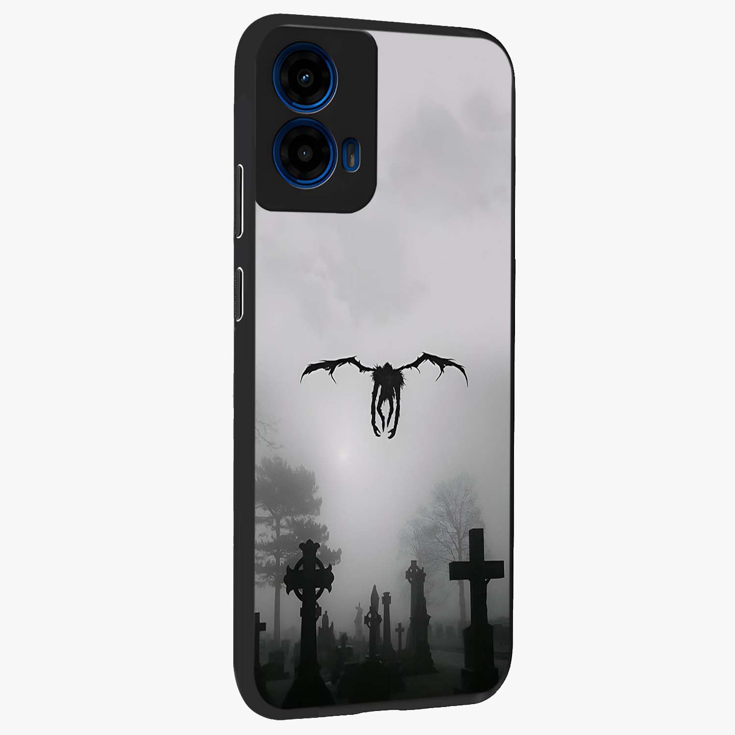 Graveyard Shadow Descent Glass Case upright view showcasing haunting graveyard artwork with dramatic dark theme.