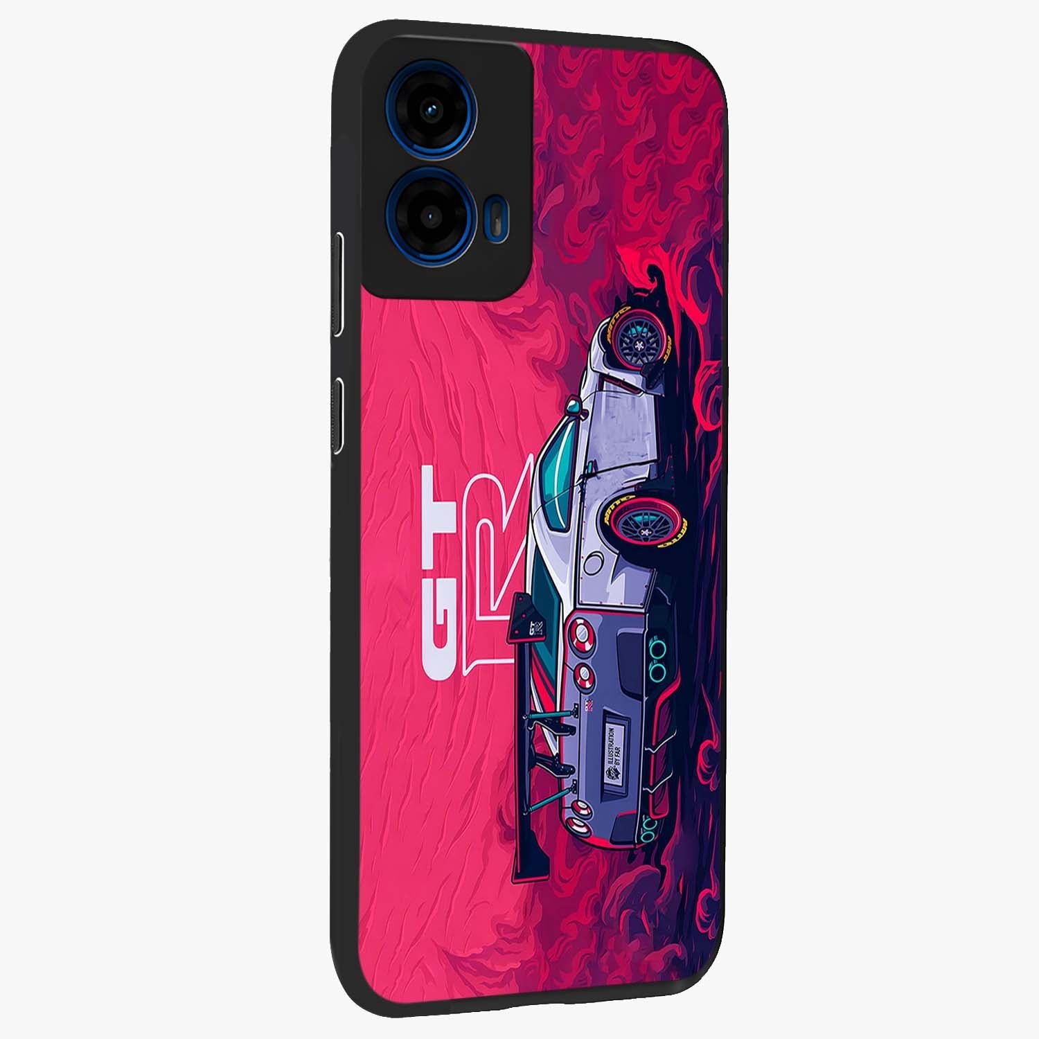 GT-R Car Pattern Glass Case upright view showcasing dynamic car pattern artwork with modern sports theme.