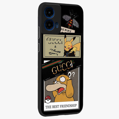 Gucci Play Mashup Glass Case upright view showcasing trendy luxury inspired artwork with modern fashion theme.