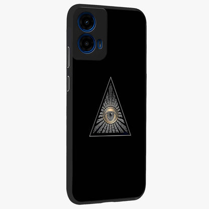 Illuminati Evil Glass Case upright view showcasing striking illuminati artwork with mysterious symbolic theme.