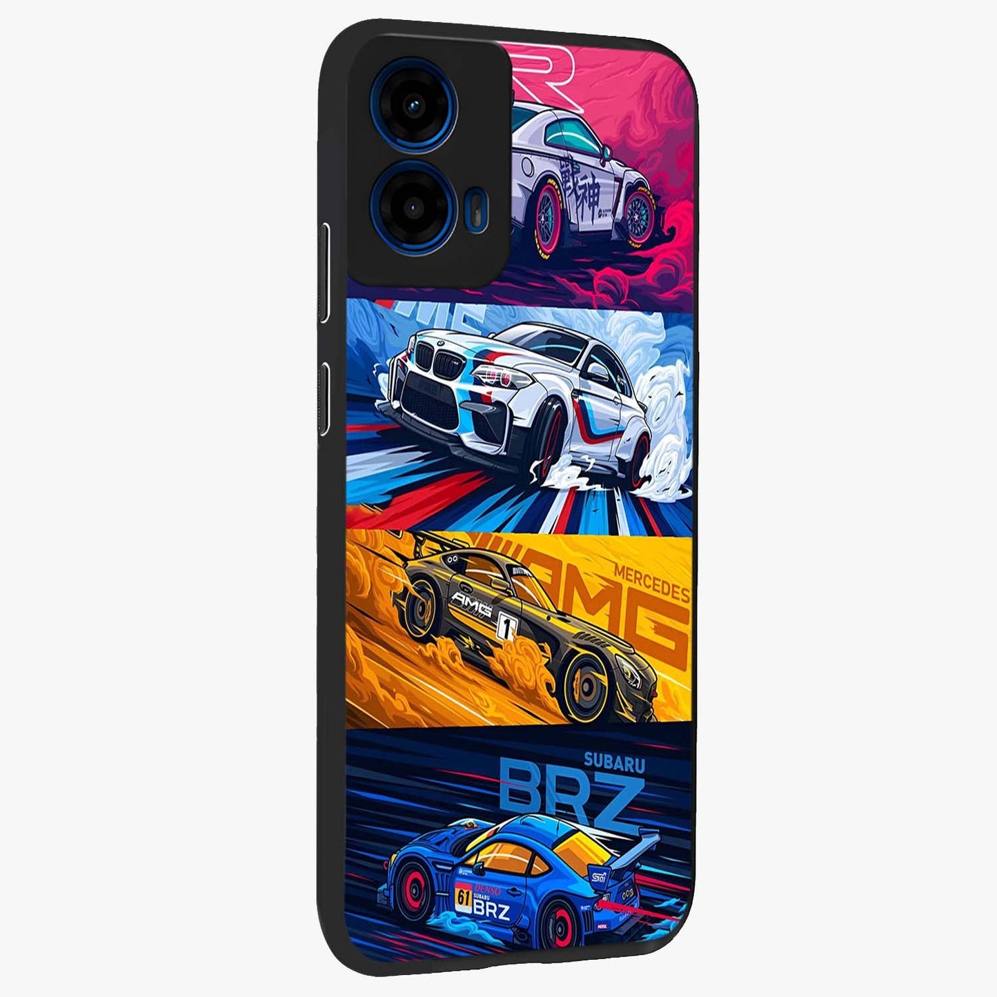 JDM Sports Car Glass Case upright view showcasing dynamic sports car artwork with bold racing theme.