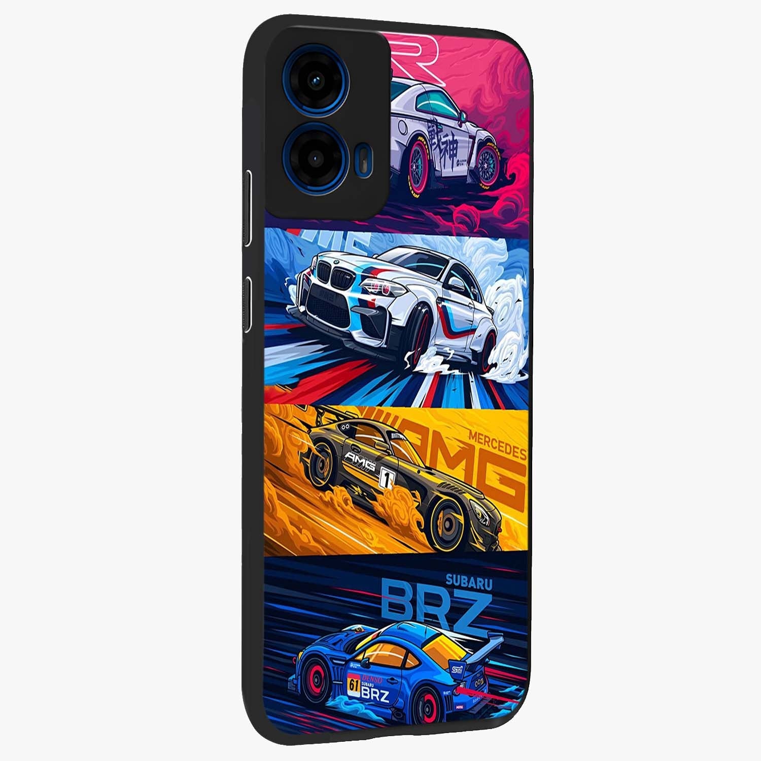 JDM Sports Car Glass Case upright view showcasing dynamic sports car artwork with bold racing theme.