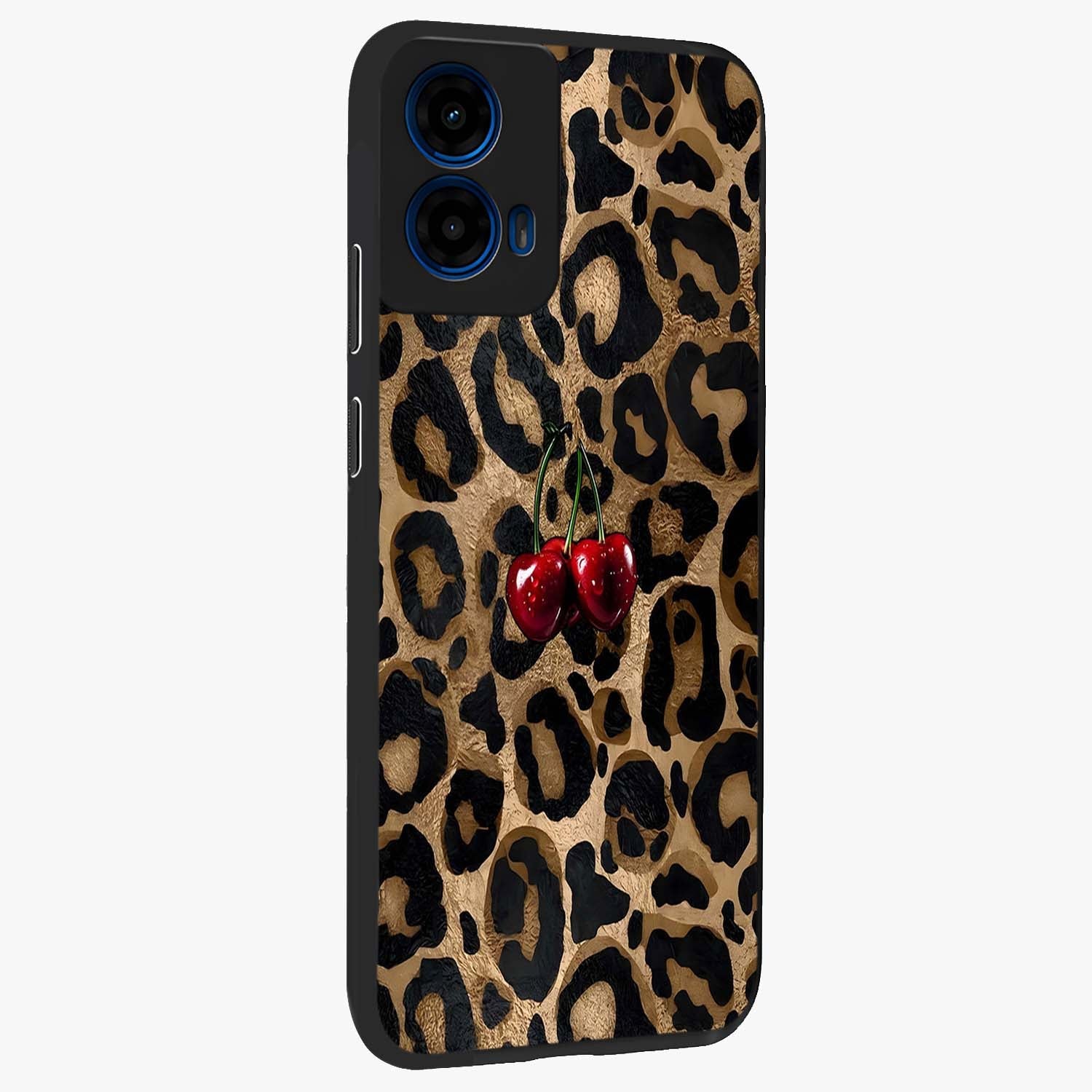 Leopard Wild Cherry Glass Case upright view showcasing stylish leopard pattern artwork with trendy fashion theme.