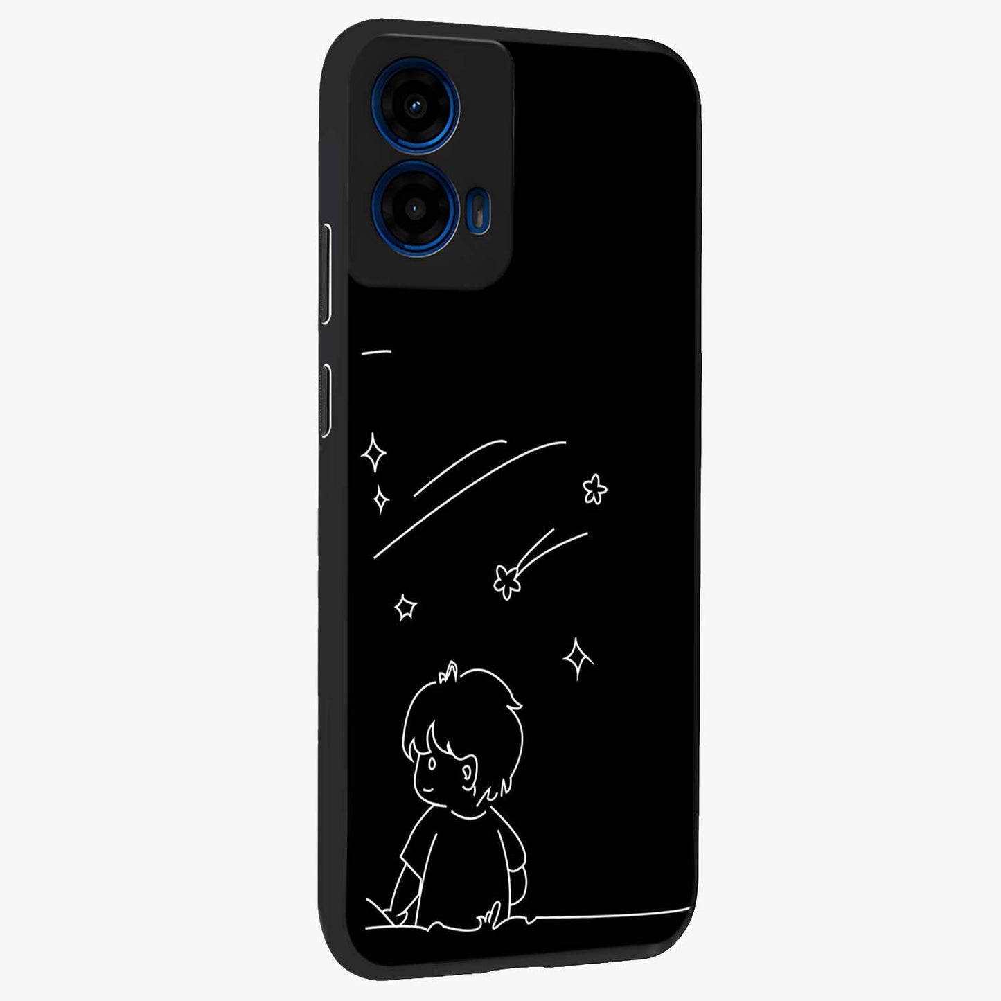 Line Art Boy With Shooting Stars Glass Case upright view showcasing artistic shooting star illustration with minimal style.
